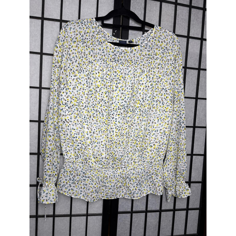 KAARI blue Womens Abstract Print Peplum Blouse Shirt Top Long Sleeve L Career